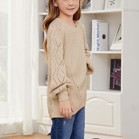 Girls Crochet Long Sleeve Crewneck Pullover Sweaters Kids Fall Winter Knit Jumpe - Picture 3 of 4